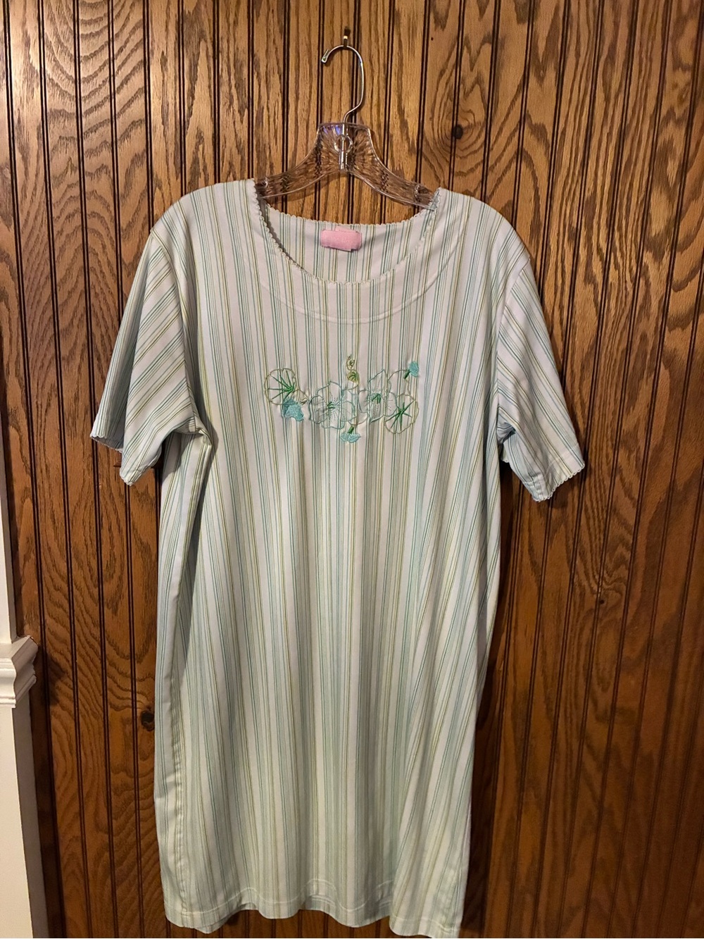 Women's Light Green Striped Nightgown with Floral Embroidery